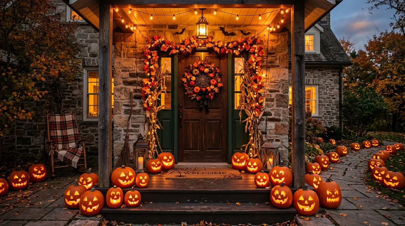 Use symmetry when the doorway architecture is strong inspiration for a Halloween front door entrance.